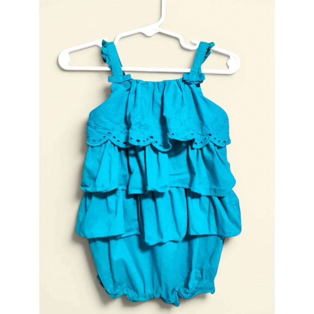 Gymboree Baby Girl 18-24mo Teal Turquoise Eyelet Ruffle Romper Flamingo Flamenco
